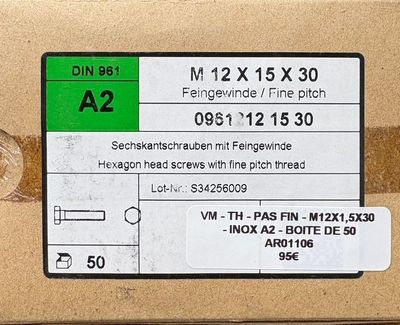 DIN961 - VIS MÉTRIQUE PAS FIN - M12x1,5x30 - TH - à l'unité