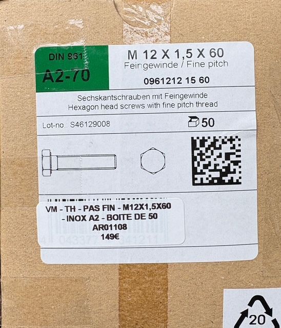 DIN961 - VIS MÉTRIQUE PAS FIN - M12x1,5x60 - TH - à l'unité