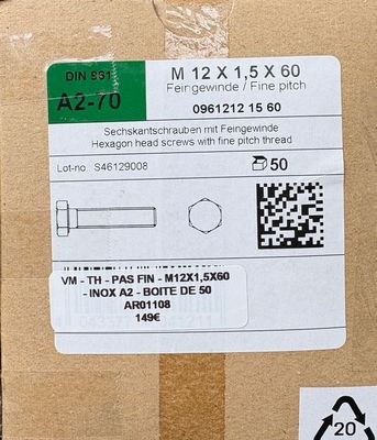 DIN961 - VIS MÉTRIQUE PAS FIN - M12x1,5x60 - TH - à l'unité
