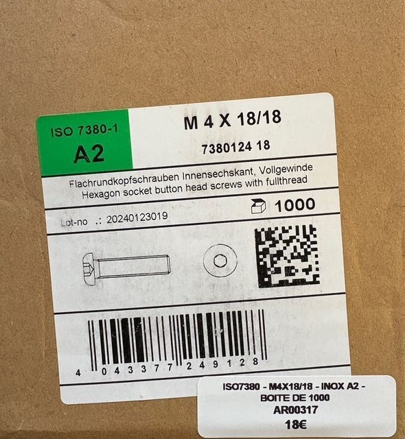 ISO 7380-1 - VIS M4x18/18 - TÊTE BOMBÉE - INOX A2 - BOITE DE 1000