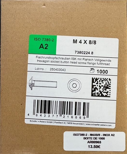 ISO 7380-2 - VIS M4x8/8 - TÊTE BOMBÉE RDL INTÉGRÉE - INOX A2 - BOITE DE 1000