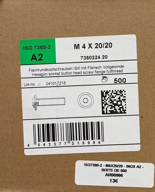 ISO 7380-2 - VIS M4x20/20 - TÊTE BOMBÉE RDL INTÉGRÉE - INOX A2 - BOITE DE 500