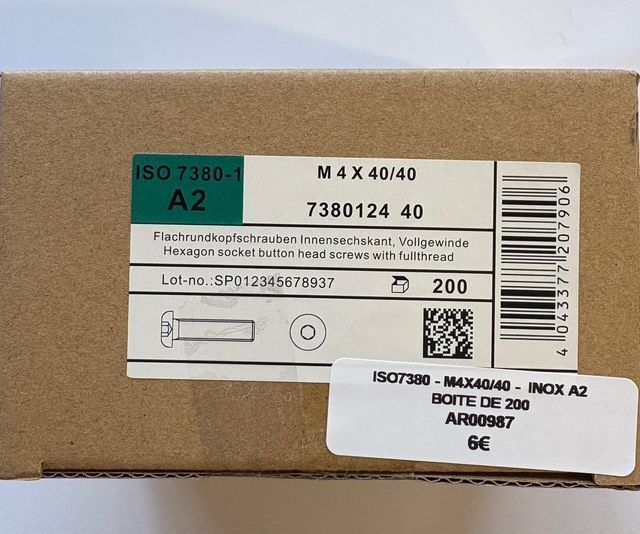 ISO 7380-1 - VIS M4x40/40 - TÊTE BOMBÉE - INOX A2 - BOITE DE 200