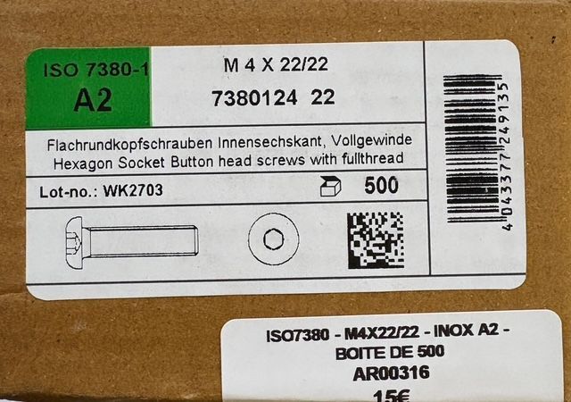 ISO 7380-1 - VIS M4x22/22 -  TÊTE BOMBÉE - INOX A2 - BOITE DE 500