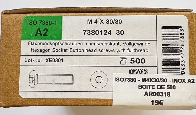 ISO 7380-1 - VIS M4x30/30 - TÊTE BOMBÉE - INOX A2 - BOITE DE 500