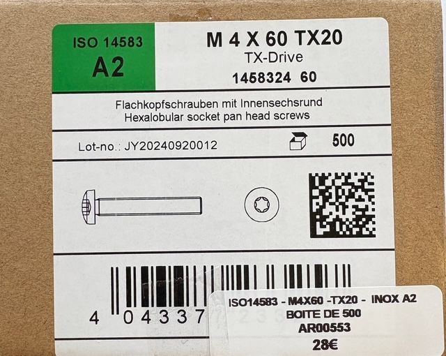 ISO 14583 - VIS M4x60 - TÊTE BOMBÉE - Tx20 - INOX A2 - BOITE DE 500