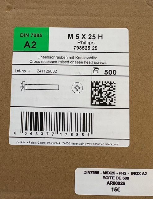DIN7985 - VIS M5x25 - TÊTE BOMBÉE -  PH2 - INOX A2 - BOITE DE 500