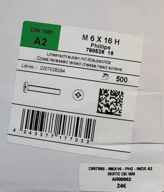 DIN 7985 - VIS M6x16 -  TÊTE BOMBÉE - PH - INOX A2 - BOITE DE 500