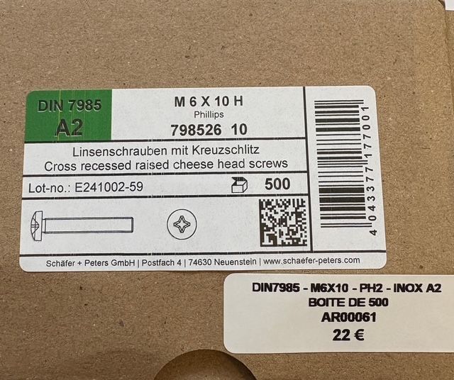 DIN7985 - VIS M6x10 - TÊTE BOMBÉE - PH - INOX A2 - BOITE DE 500 DIN7985 - VIS M6x10 - TÊTE BOMBÉE - PH - INOX A2 - BOITE DE 500