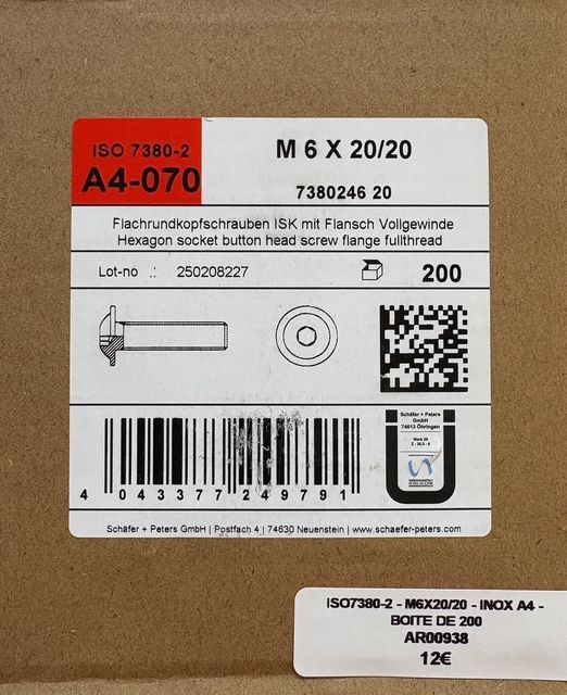 ISO 7380-2 - VIS M6x20/20 - TÊTE BOMBÉE RDL INTÉGRÉE -  INOX A4 - BOITE DE 200