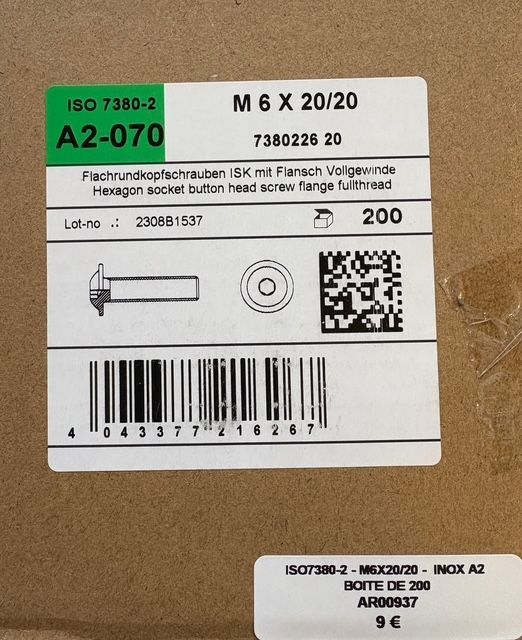 ISO 7380-2 - VIS M6x20/20 - TÊTE BOMBÉE RDL INTÉGRÉE - INOX A2- BOITE DE 200