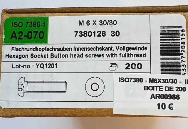 ISO 7380-1 - VIS M6x30/30 - TÊTE BOMBÉE - INOX A2 - BOITE DE 200