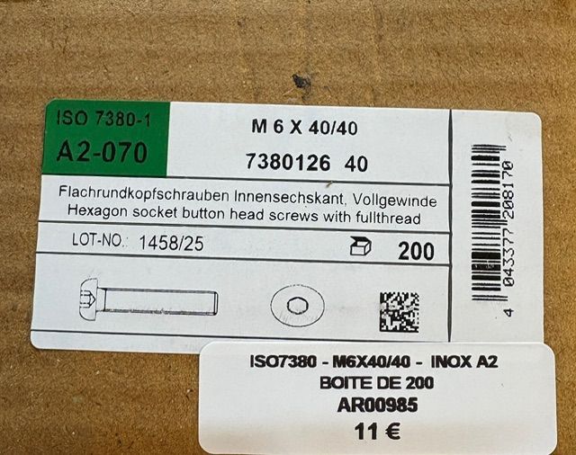 ISO 7380-1 - VIS M6x40/40 - TÊTE BOMBÉE - INOX A2 - BOITE DE 200