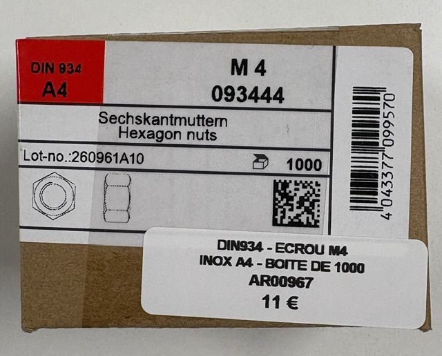 DIN934 - ÉCROU M4 - INOX A4 - BOITE DE 1000