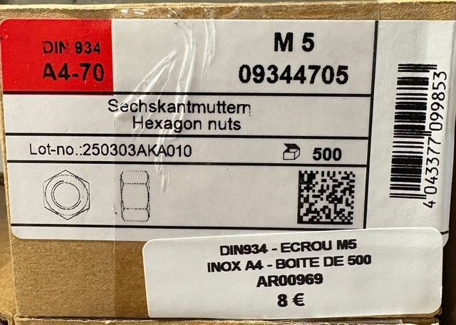 DIN934 - ÉCROU M5 - INOX A4 - BOITE DE 500
