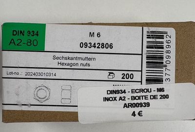 DIN934 - ÉCROU M6 - INOX A2 - BOITE DE 200 DIN934 - ÉCROU M6 - INOX A2 - BOITE DE 200