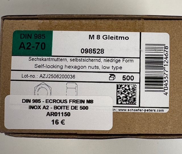 DIN985 - ÉCROU FREINS M8 - INOX A2 - BOITE DE 500