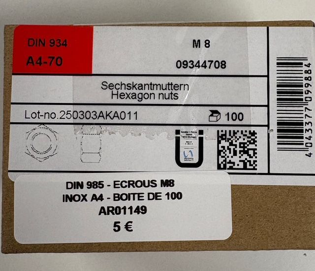 DIN934 - ÉCROU M8 - INOX A4 - BOITE DE 100