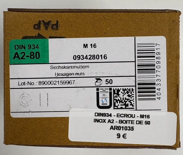 DIN934 - ÉCROU M16 - INOX A2 - BOITE DE 50