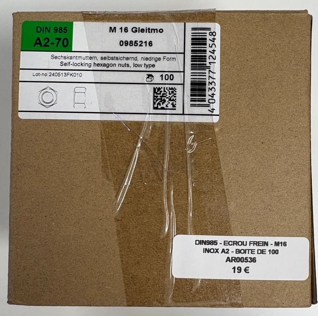 DIN985 - ÉCROU FREINS M16 - INOX A2 - BOITE DE 100