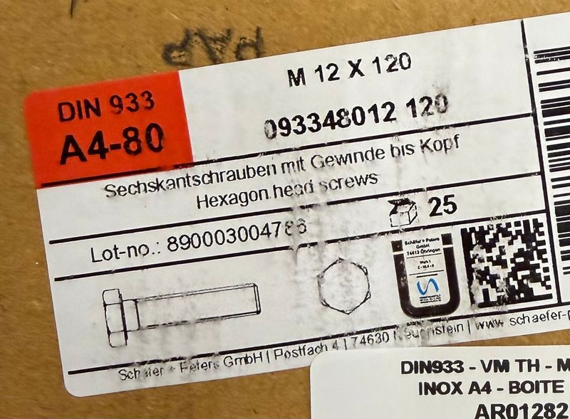 DIN933 - CORPS DE BOULON M12X120 - INOX A4 - BOITE DE 25