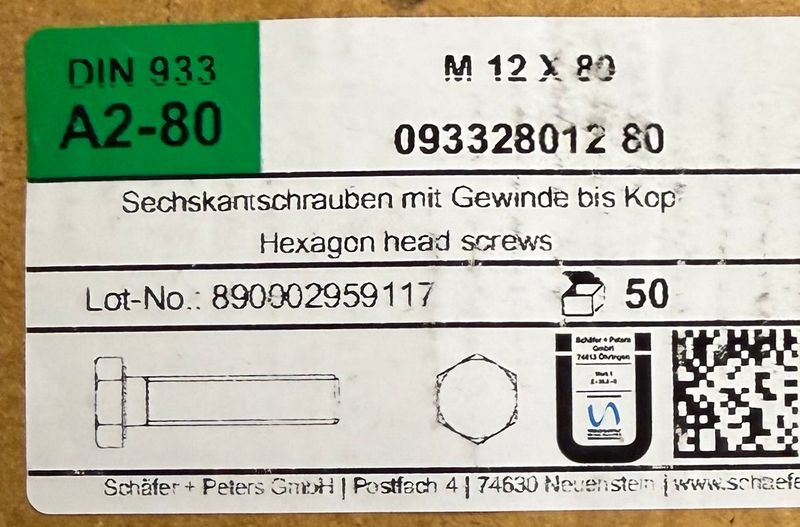 DIN933 - CORPS DE BOULON M12x80 - INOX A2 - BOITE DE 50