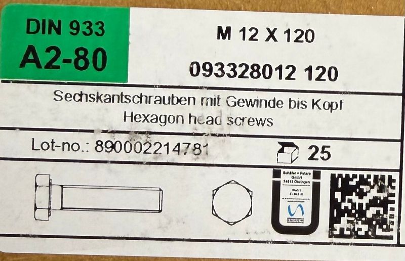 DIN933 - CORPS DE BOULON M12x120 - INOX A2 - BOITE DE 25