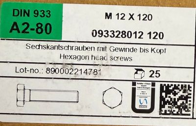 DIN933 - CORPS DE BOULON M12x120 - INOX A2 - BOITE DE 25