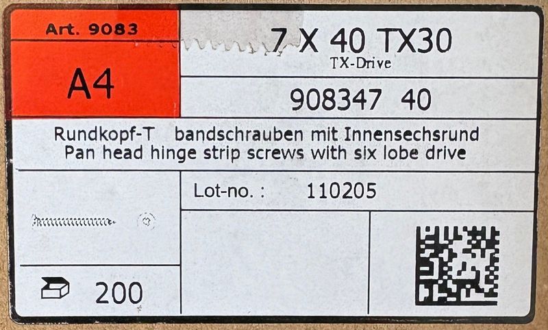 VIS DE PENTURE - 7x40 - Tx30 - INOX A4 - BOITE DE 200