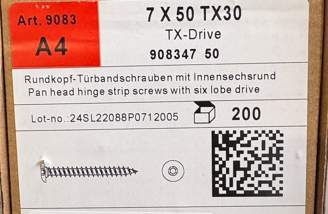 VIS DE PENTURE - 7x50 - Tx30 - INOX A4 - BOITE DE 200