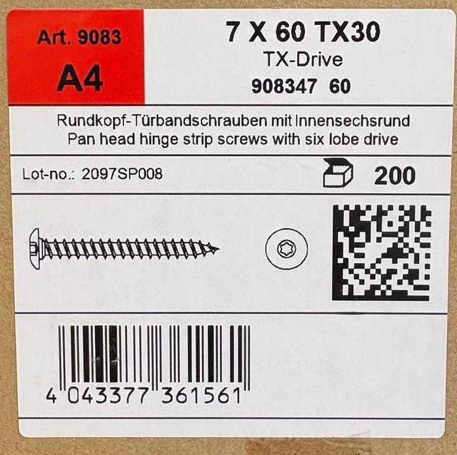 VIS DE PENTURE - 7x60 - Tx30 - INOX A4 - BOITE DE 200