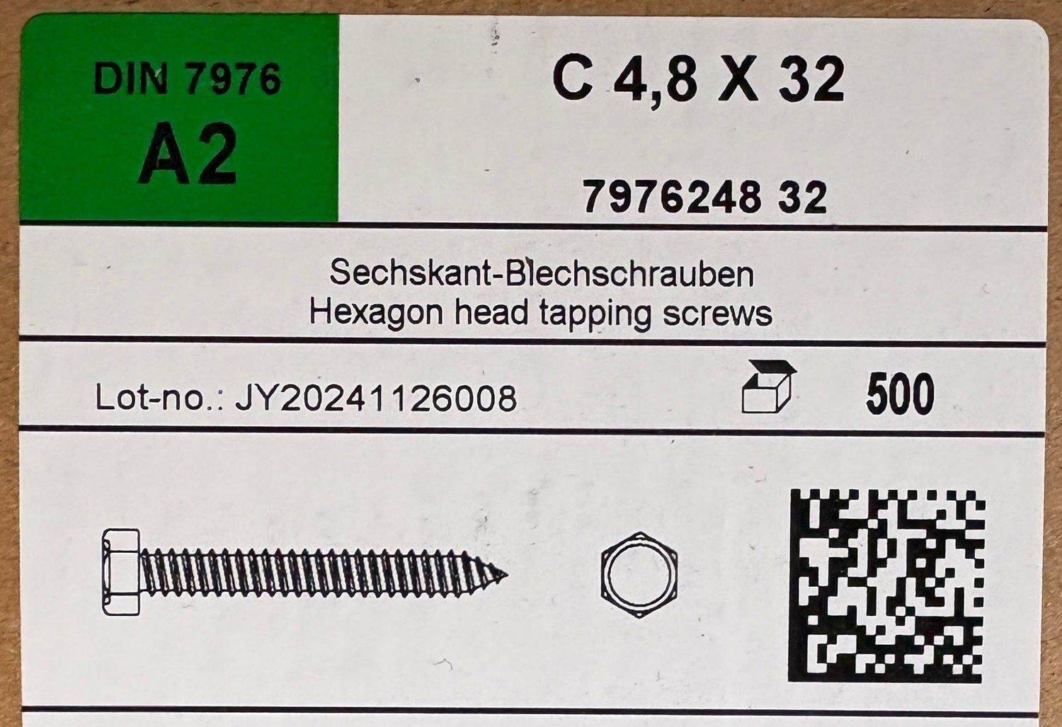 VIS TÔLE - 4,8X32 - INOX A2 - TÊTE HEXAGONALE - BOITE DE 500