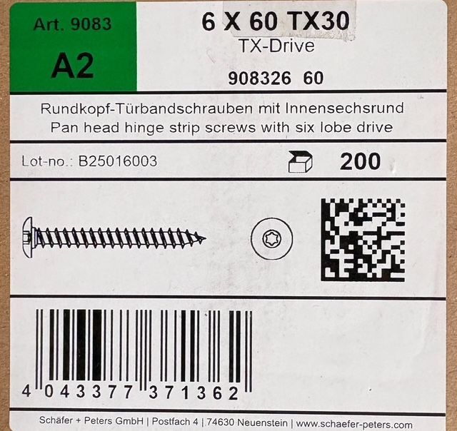 VIS DE PENTURE - 6x60 - Tx30 - INOX A2 - BOITE DE 200