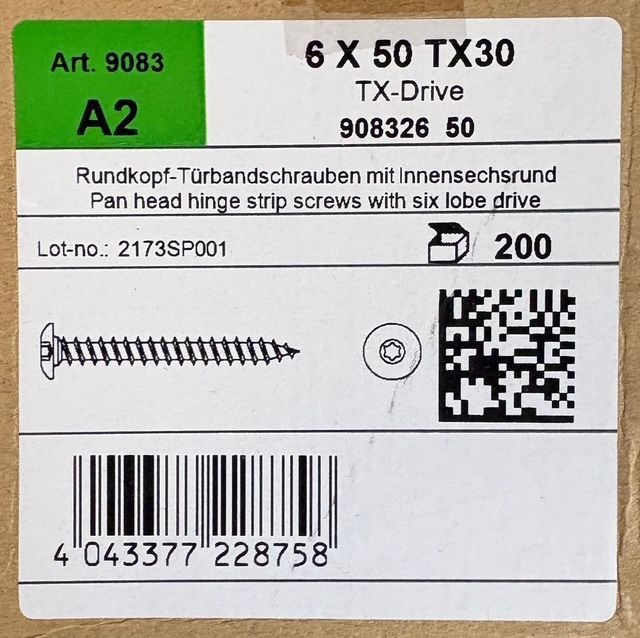 VIS DE PENTURE - 6x50 - Tx30 - INOX A2 - BOITE DE 200