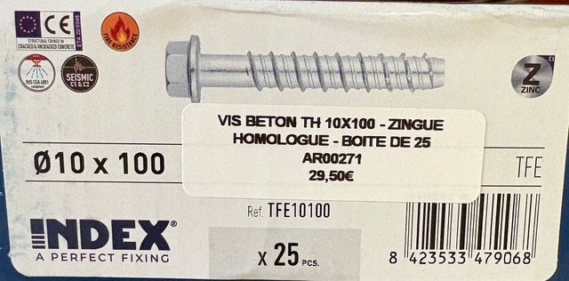 VIS BÉTON - 10X100 - TÊTE HEXAGONALE - ZINGUÉ HOMOLOGUÉ - BOITE DE 25