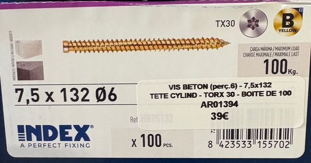 VIS BÉTON - 7,5X132 - Tx30 - TÊTE CYLINDRIQUE - BICHROMATÉE - BOITE DE 100