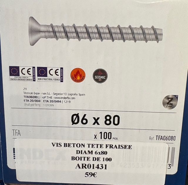 VIS  BÉTON - 6X80 - TÊTE FRAISÉE - ZINGUÉ HOMOLOGUÉ - BOITE DE 100