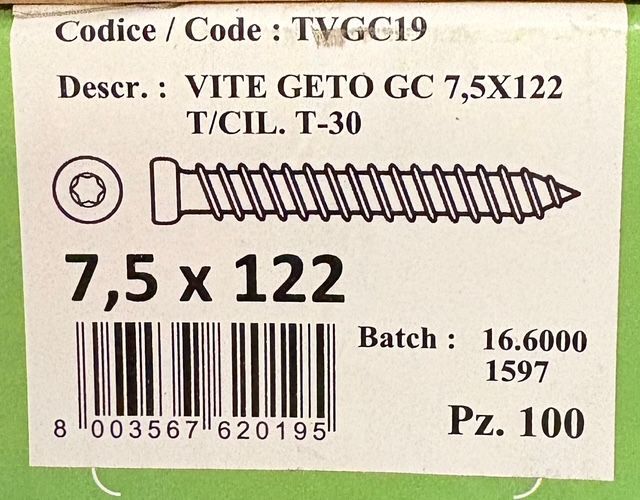VIS BÉTON - 7,5X122 - Tx30 - TÊTE CYLINDRIQUE - ACIER ZINGUÉ - BOITE DE 100 VIS BÉTON - 7,5X122 - Tx30 - TÊTE CYLINDRIQUE - ACIER ZINGUÉ - BOITE DE 100