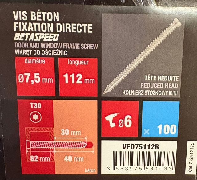 VIS BÉTON - 7,5X112 - Tx30 - TÊTE RÉDUITE - ACIER ZINGUÉ - BOITE DE 100