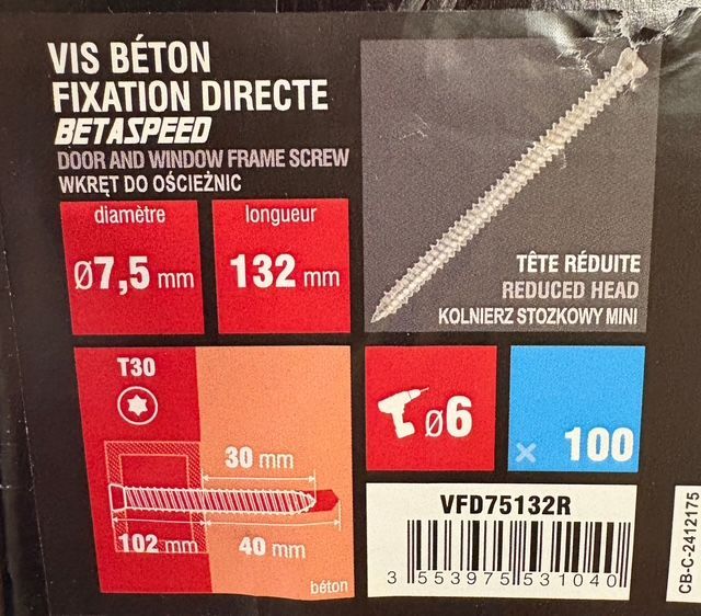 VIS BÉTON - 7,5X132 - Tx30 - TÊTE RÉDUITE - ACIER ZINGUÉ - BOITE DE 100