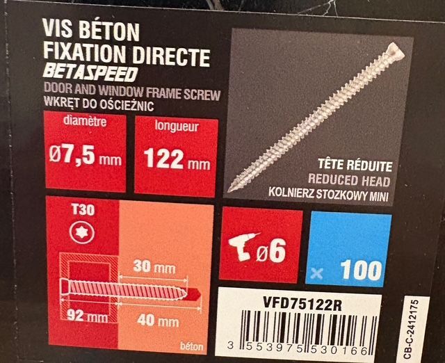 VIS BÉTON - 7,5X122 - Tx30 - TÊTE RÉDUITE - ACIER ZINGUÉ - BOITE DE 100 VIS BÉTON - 7,5X122 - Tx30 - TÊTE RÉDUITE - ACIER ZINGUÉ - BOITE DE 100