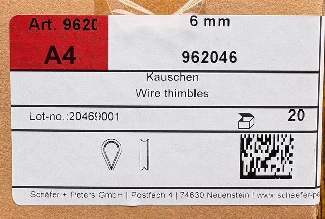 COSSE-COEUR POUR CÂBLE DE 6mm - INOX A4 - BOITE DE 20