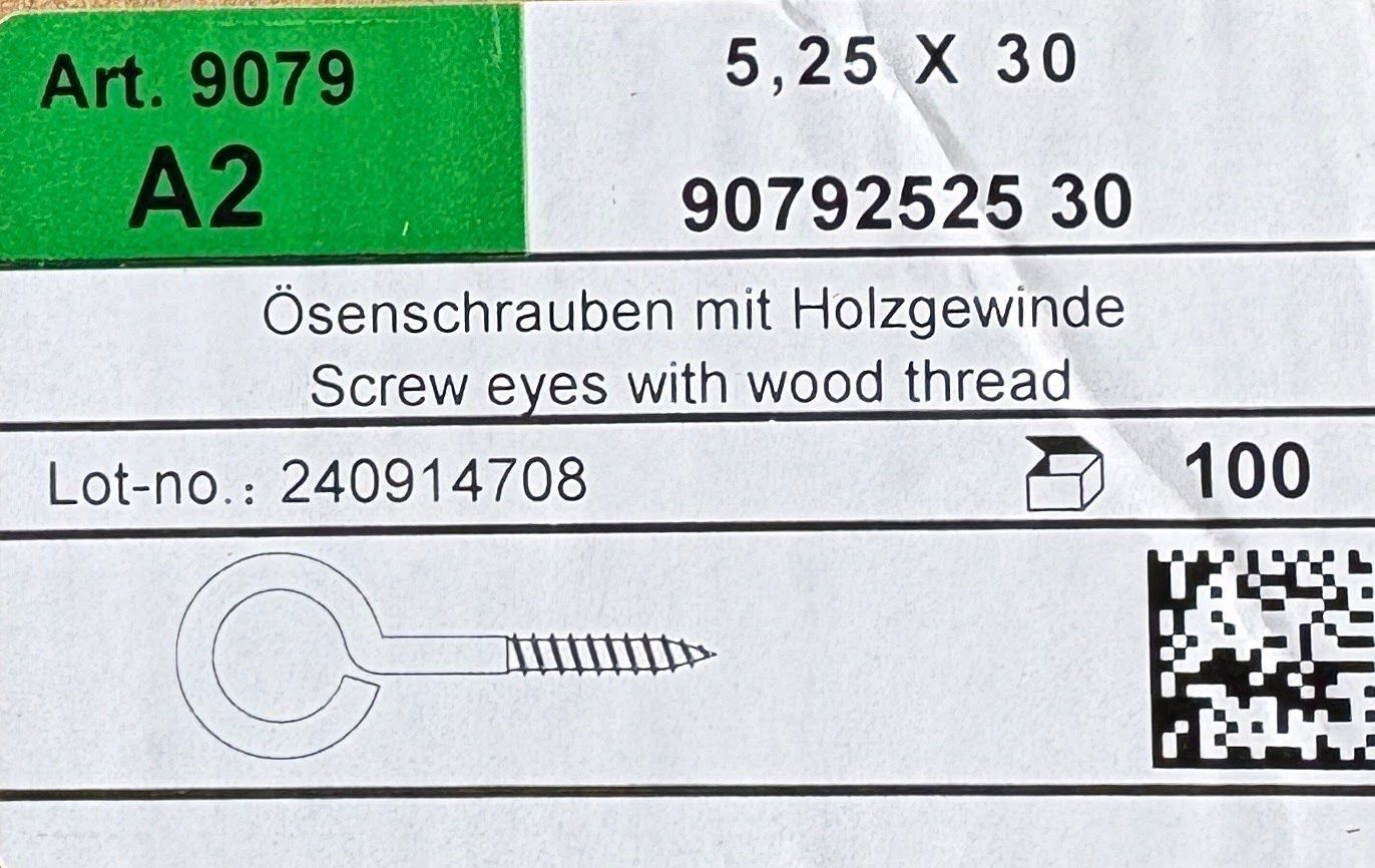 PITON AVEC FILETAGE A BOIS - 5,25x30 - INOX A2 - à l'unité