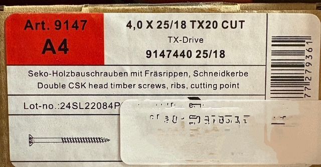 VIS A BOIS - 4X25/18 - Tx20 - TÊTE FRAISÉE - INOX A4 - Boite de 500