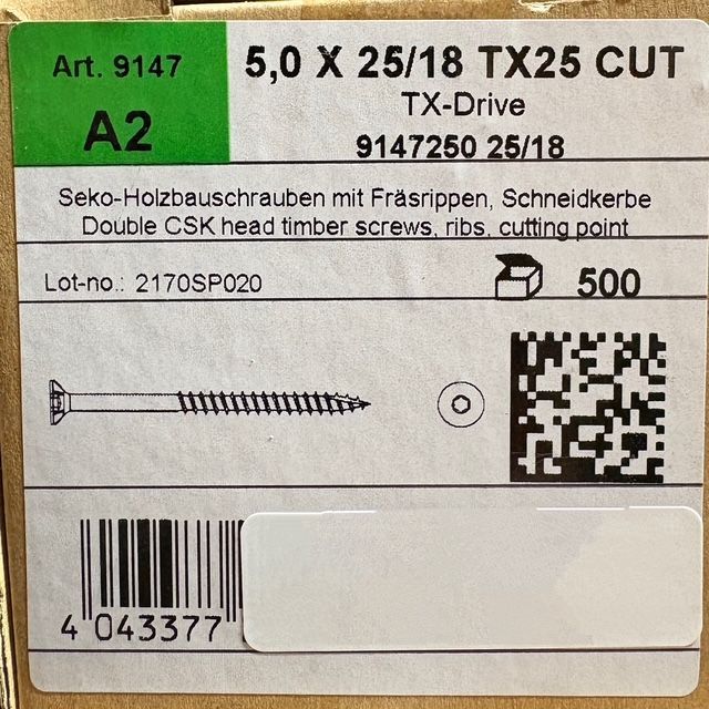 VIS A BOIS - 5X25/18 - Tx25 - TÊTE FRAISÉE - INOX A2 - Boite de 500