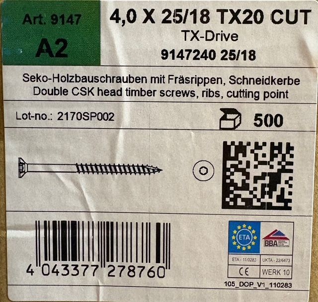 VIS A BOIS - 4X25/18 - Tx20 - TÊTE FRAISÉE - INOX A2 - Boite de 500