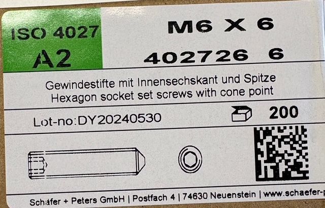VIS SANS TÊTE À BOUT POINTU - M6x6 - INOX A2 - BOITE DE 200