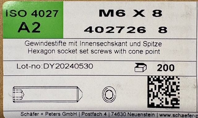 VIS SANS TÊTE À BOUT POINTU - M6x8 - INOX A2 - BOITE DE 200