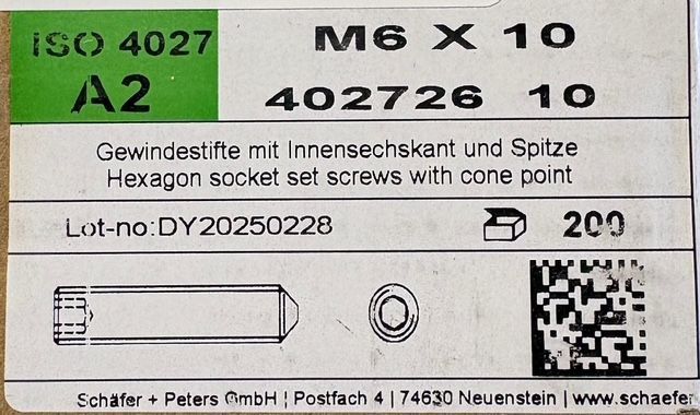 VIS SANS TÊTE À BOUT POINTU - M6x10 - INOX A2 - BOITE DE 200