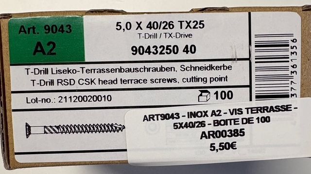 Vis à deck/terrasse - 5x40/26 - Tx25 - INOX A2 - boite de 100